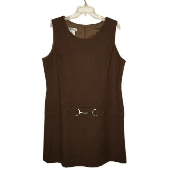 NY Sake Vintage Sleeveless Wool Sheath Layering buckle Scoop Neck Dress Brown - Picture 1 of 4